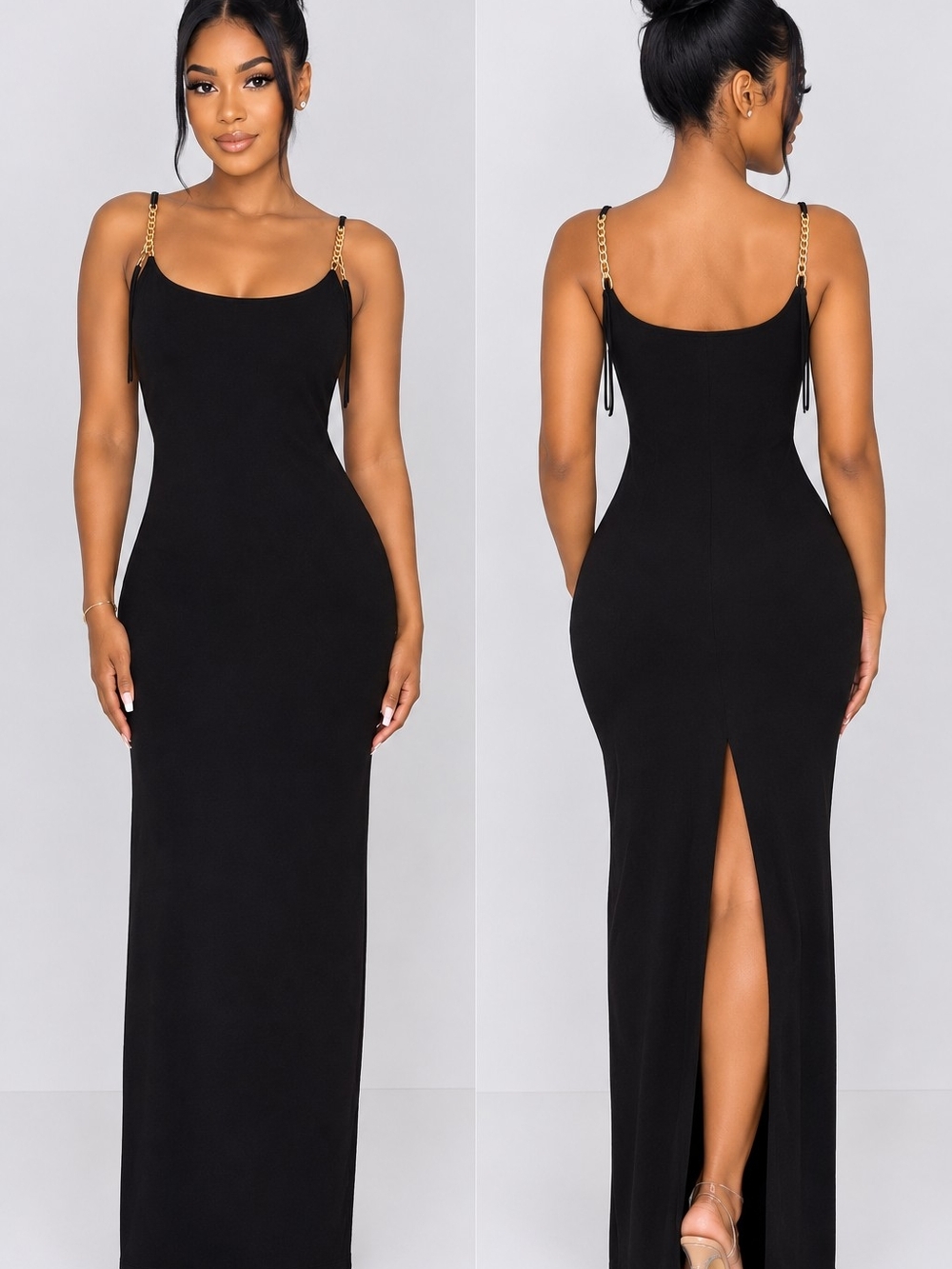 Hera Collection Black Maxi Dress with Gold Chain Straps